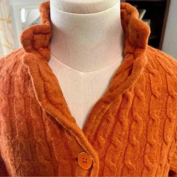 Talbots Cardigan Orange Merino Wool Cable Pattern Sweater Petite Medium - Picture 2 of 15